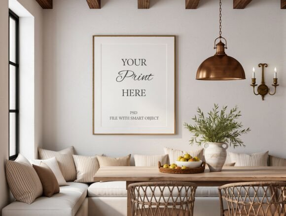 Download Gold Frame Mockup in Rustic Dining Room - Gold Collection